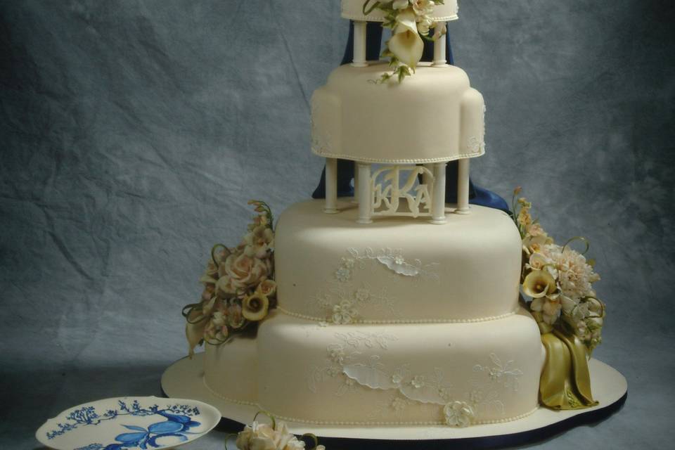 Closeup of Hand-made Sugar Roses, Lilacs, and Hydrangea