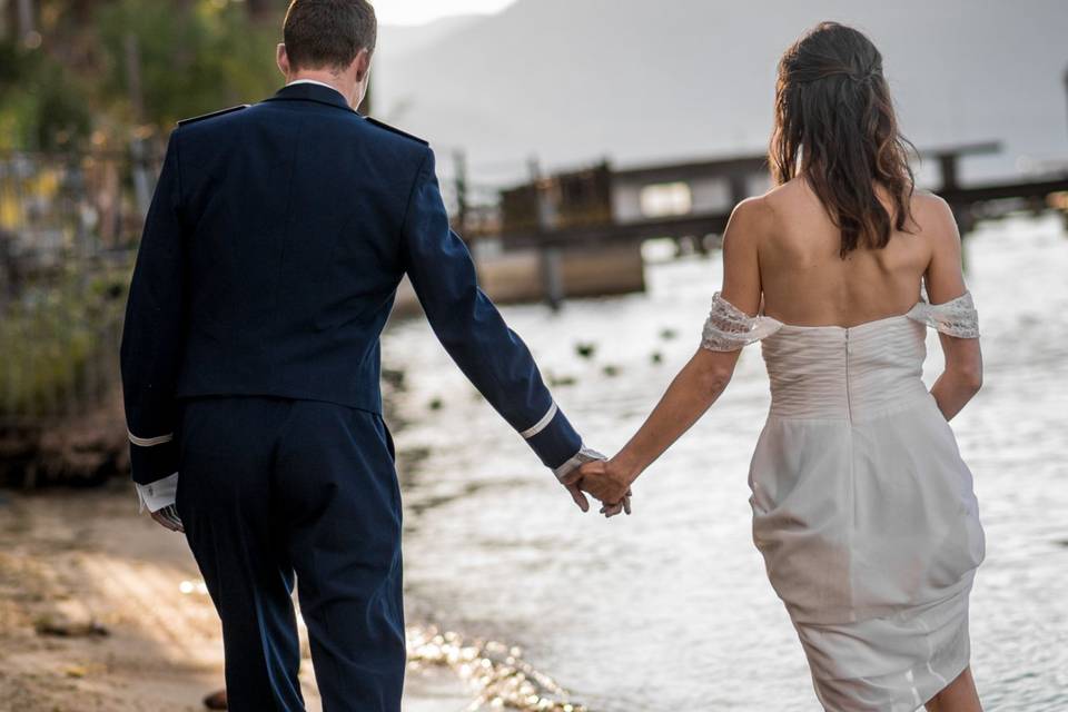 Couple walking in Lake Tahoe.
