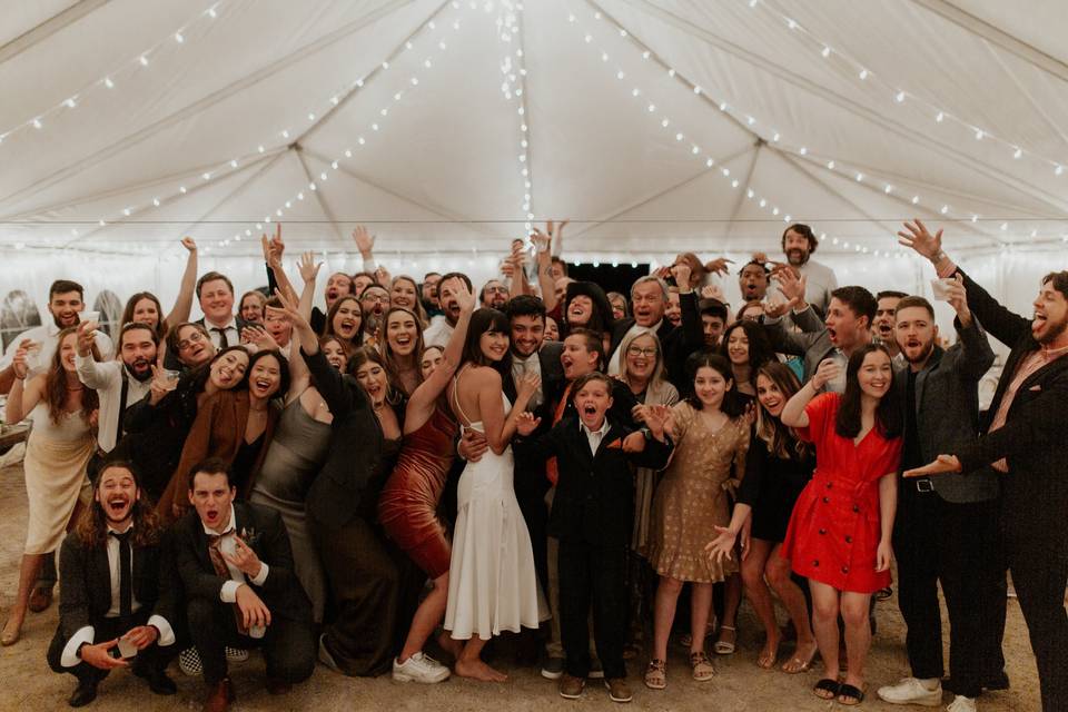 Group photo in reception tent