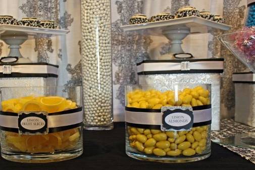 Lemon Almonds and Lemon Fruit slices popped against the black and white.  Risers are also custom made.