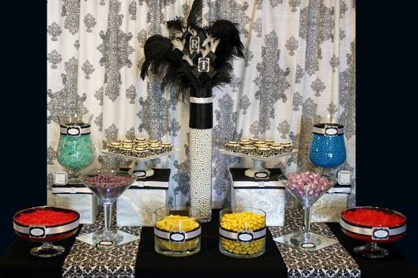 Black and white damask candy buffet created for Tom and Rachel.  This was put back together for a bridal walk the following week, so it's a little different.  The cupcakes are courtesy of SweeTreats.
