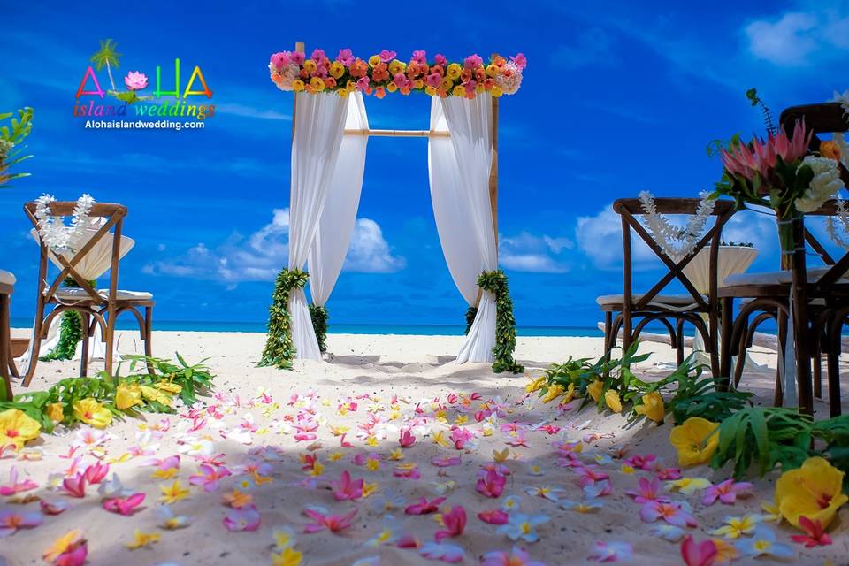 Hawaii beach wedding tiki palm