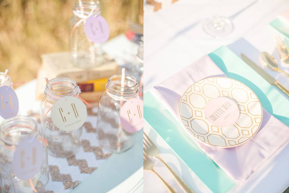 Custom drink tags and placecards for this pastel themed wedding.Photo by Lindsay Herbst Photography