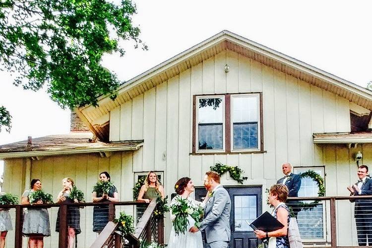 Newlywed couple on the stairs