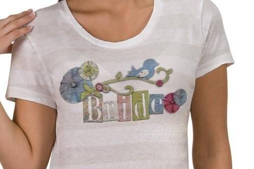 This scrapbook style shirt from Kustom By Kris is just for the Bride! Wear your title with pride - along with lots of color, texture, and style as well! Bridesmaid and Maid of Honor shirts also available.