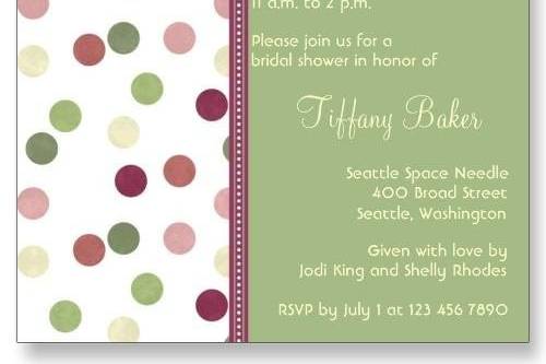 Inspired by all things fun and contemporary, this bridal shower invitation brings vibrant colors together with a polka dot pattern. Matching save the date cards, wedding invitations, response, reception, and thank you cards are also available.