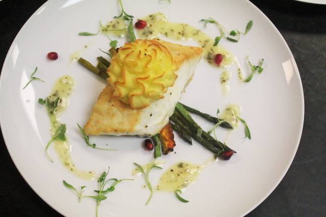Halibut and duchess potatoes