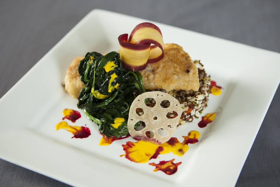 Pan-seared code with sauteed spinach and ancient grain pilaf