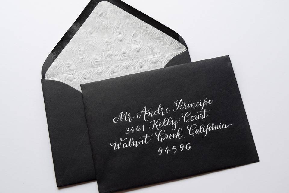 Handmade paper liner and envelope calligraphy on black envelope and white ink by Paperloveme Calligraphy in San Francisco.