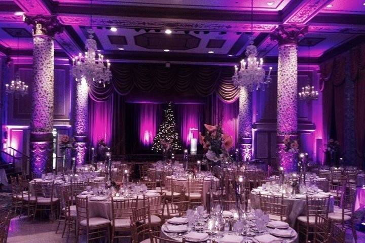 Uplighting provided by Lisa Rene (RK Lighting and Sound) for the Gold Coast room at the Drake Chicago. Amazing what uplighting will do for your event. Ask us about our uplighting packages.