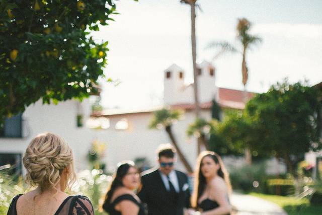 Bride looking at family
