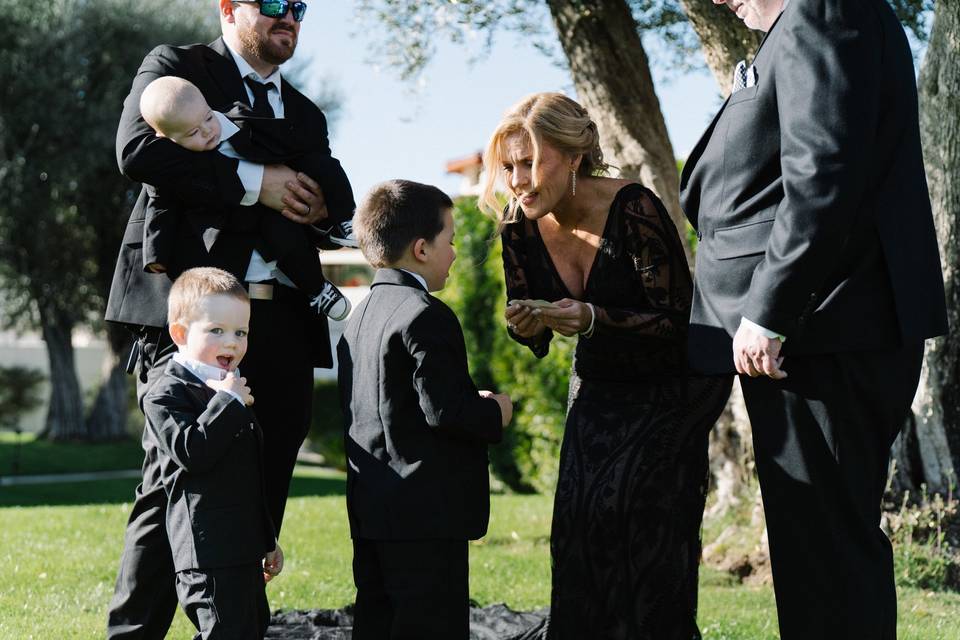 Bride looking at child