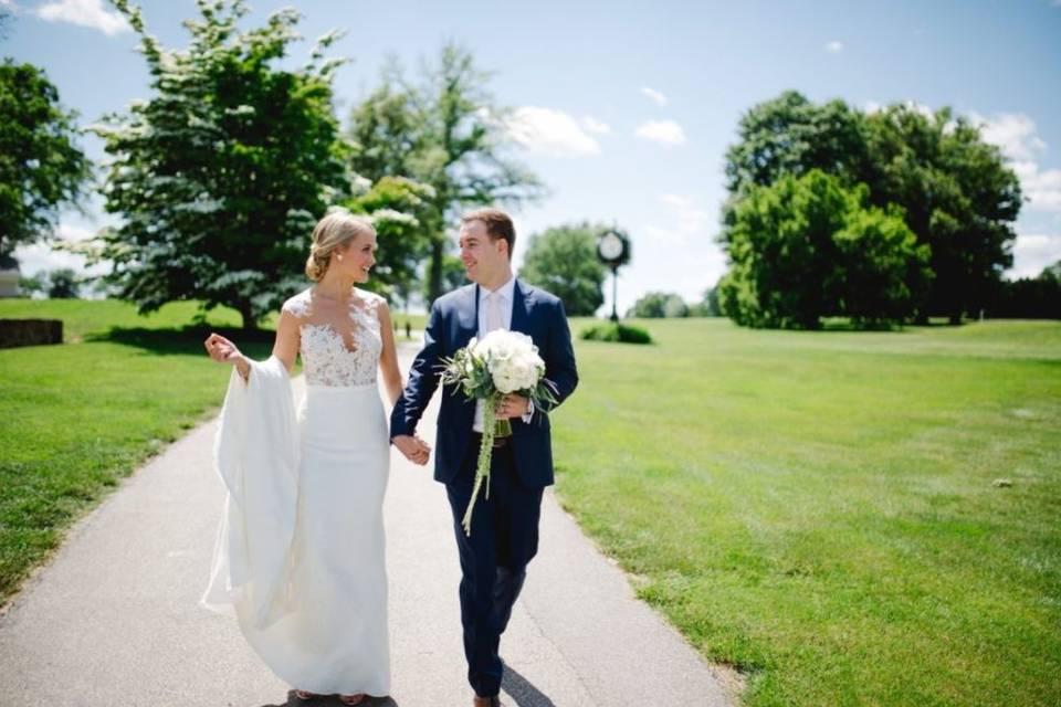 Bride and groom taking a walk