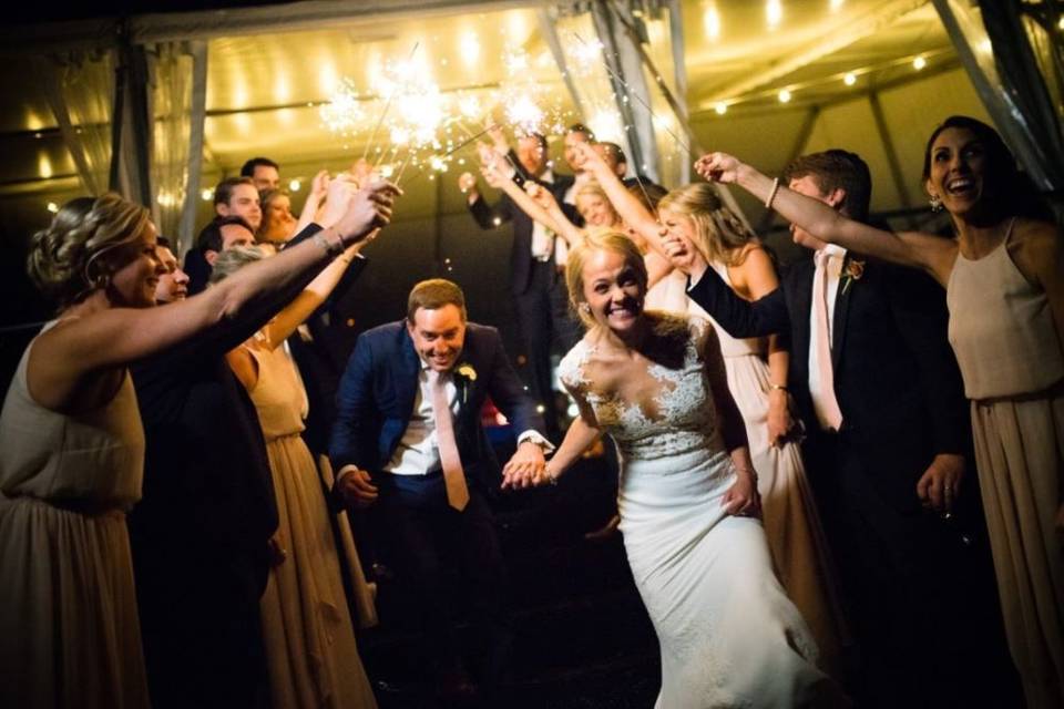 Celebrating the newlyweds with sparklers