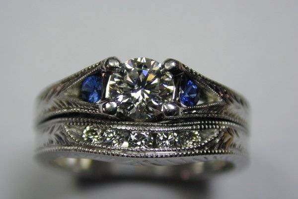 Custom Wedding Set with Diamonds and Blue Sapphires by Olufson Designs