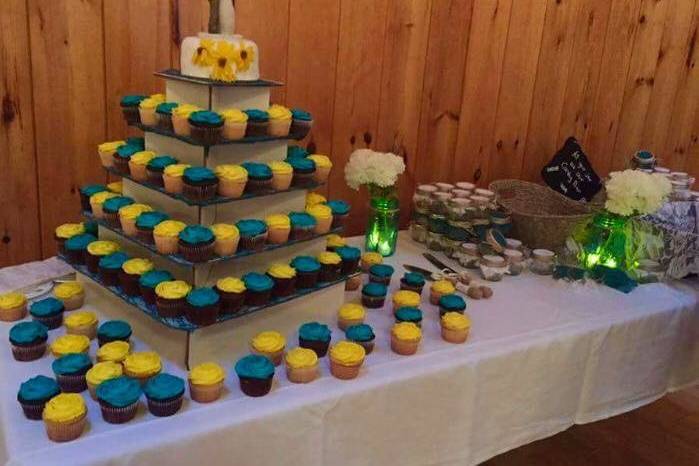 Blue and yellow cupcake tower