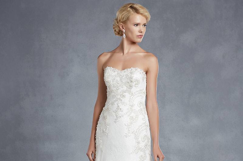 Blue by Enzoani
<br>Hawthorne
<br>Intricate beaded embroideries on the bodice with a soft sweetheart neckline provide the perfect amount of glitz and glamour on this A-line gown with romantic lace overlay and invisible back zipper.