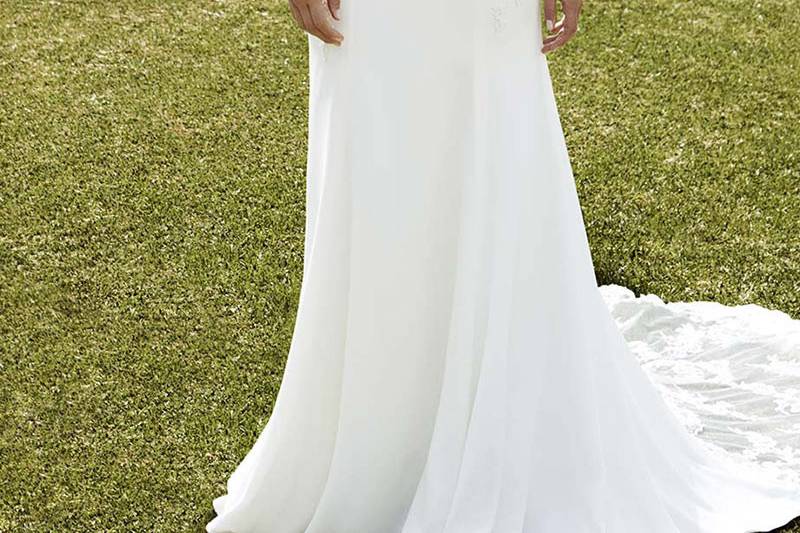 Style Ibarra <br> Full-length mesh chiffon and corded lace sheath gown includes sweetheart scalloped neckline, beaded spaghetti straps, beaded appliques, bloused bodice, and lace beaded applique accenting the train.