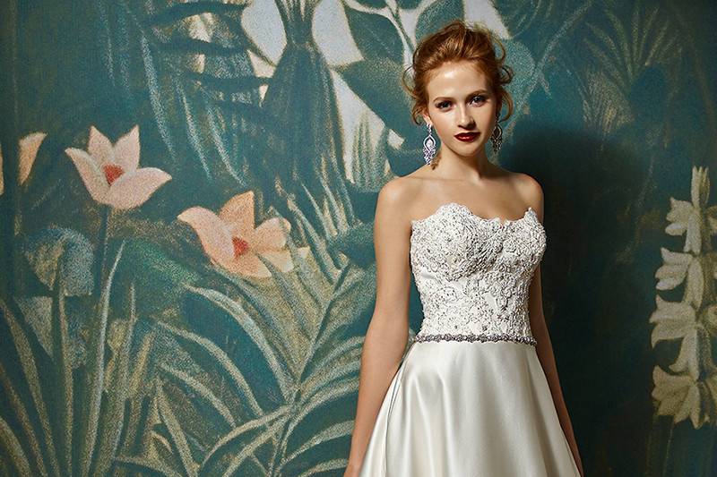 Jada	<br>	The best of both worlds: the sleekest satin A-line skirt beneath a gorgeously textured, beaded embroidered lace bodice with a strapless sweetheart neckline is a breathtaking juxtaposition of the traditional and the modern. This ultra-elegant look is complete with an invisible zipper and delicate beaded belt at the waist.