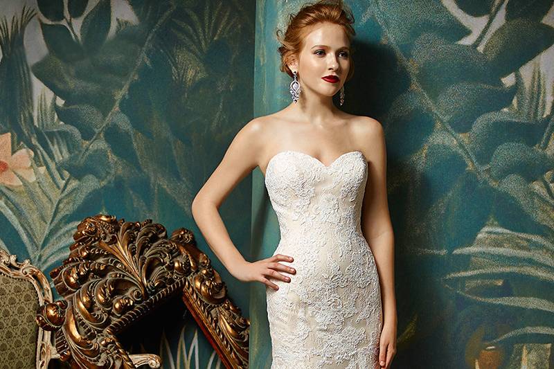Joselina	<br>	Classic and feminine, this full-length mermaid gown features the most intricate corded lace, Chantilly lace and embroidered lace that provide the perfect detailing to complement the simple elegance of a strapless sweetheart neckline and invisible back zipper.