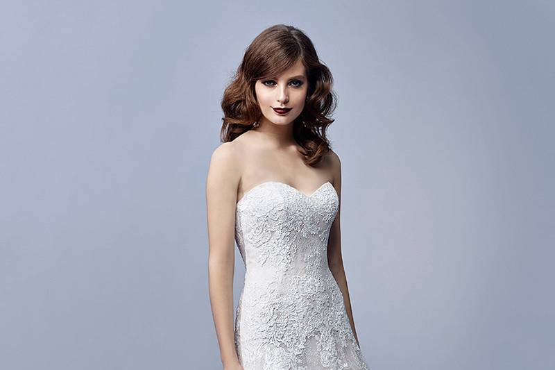 Joy	<br>	Soft tulle, corded embroidered lace, Chantilly lace, and delicate eyelash scalloped hem lace only enhance the romance of this classically beautiful and feminine modified A-line gown. A strapless sweetheart neckline trails behind to a modern V-back with invisible zipper.