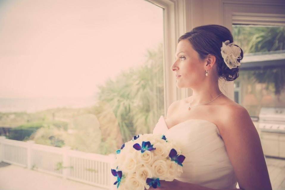 Bride looking out the window