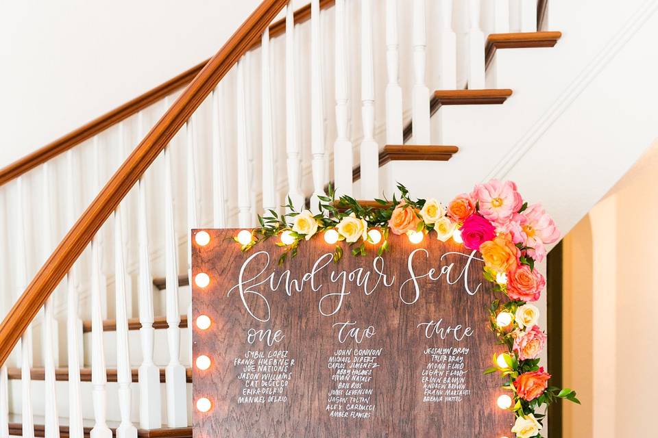 Hand lettered marquee seating chart