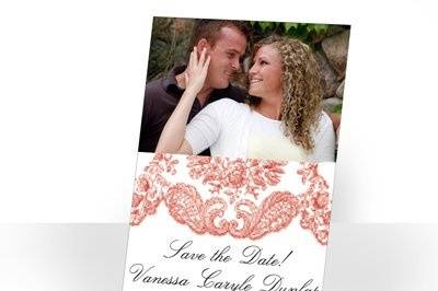 A classic damask border wraps around your wording, adding style and elegance to this white save the date. Design is printed in the color shown. Your choice of imprint color. Includes FREE blank outer envelopes.  Save the Date size: 4 7/8 x 3 1/2