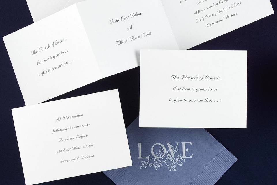 Just Believe Wedding Invitations - A French-fold of white, deckle-edge parchment is printed with the beautiful words from 1 Corinthians 13:7-8. Your wording is printed inside. The design and your wording are printed in the same color. The front verse is available in the typestyle shown.  Folded Size: 6 1/8