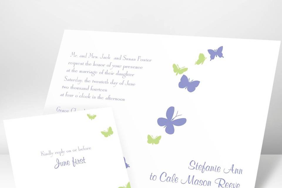 Whisked Away Wedding Invitations - Three maple leaves drift across the top of this bright white non-folding invitation with beauty. Your wording is showcased below. Design and wording are printed in the same ink color.  Card Size: 5 1/8
