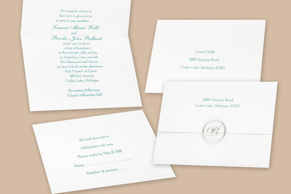 Initial Love Eclipse Wedding Invitations - Your single-initial monogram looks even lovelier within the whimsical frame featured at the top of this white, non-folding wedding invitation. Your choice of imprint color and typestyle for your wording. Enclosures and thank you notes are printed on non-folding cards. This invitation can be used for Wedding Invitations or Wedding Announcements! Invitation size: 4 5/8