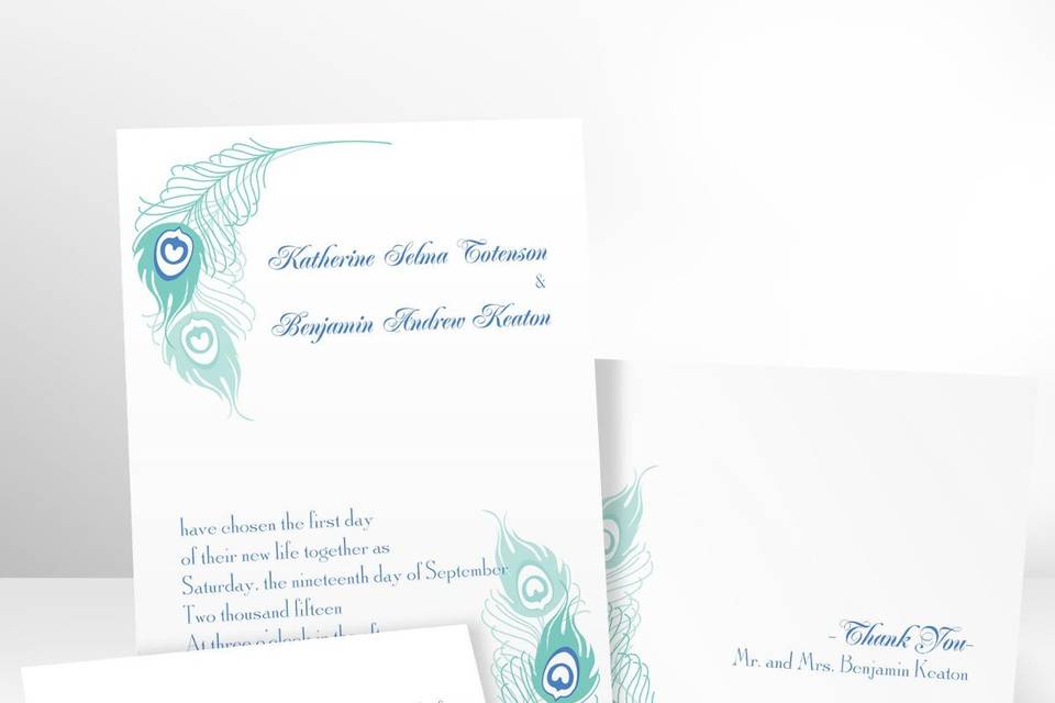 Beauty In Blue Wedding InvitationThese watercolor wedding invitations with blooming flowers in vibrant blues and greens become sweet representations of your love and commitment. Available with matching reception cards, respond cards or respond postcards! Enclosures are printed on non-folding cards.