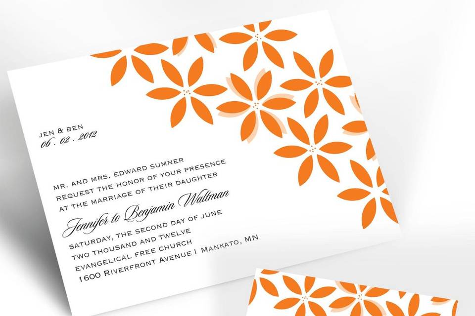 Flowers and Flourishes Grapevine Wedding Invitations - A colorful floral sketch accented by faint flourishes in the background creates a touch of whimsical charm on this white, non-folding invitation. Choose an imprint color and typestyle for your wording. Format only available as shown. Enclosures and thank you notes are printed on non-folding cards. Invitation size: 4 5/8