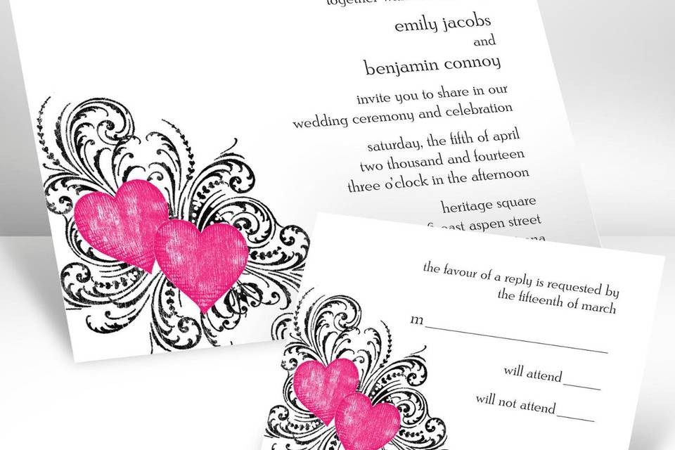 Flowers and Flourishes Grapevine Wedding Invitations - A colorful floral sketch accented by faint flourishes in the background creates a touch of whimsical charm on this white, non-folding invitation. Choose an imprint color and typestyle for your wording. Format only available as shown. Enclosures and thank you notes are printed on non-folding cards. Invitation size: 4 5/8