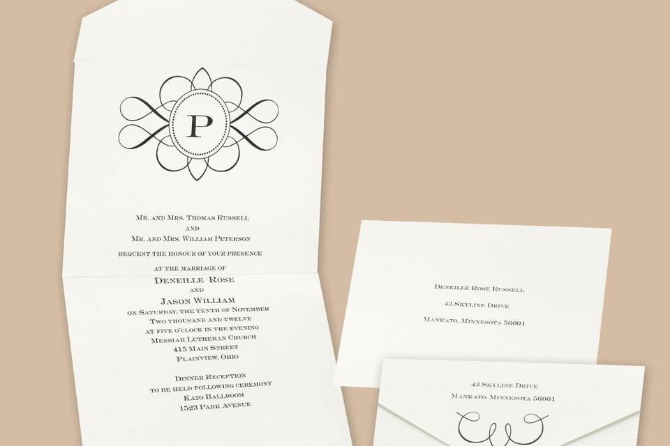 Subtle Accents Wedding Invitations - Slim ribbon and dainty flowers are embossed in pearlescent foil around your wording for a beautifully subtle and oh-so-romantic invitation!  Includes free blank double envelopes and enclosures sold separately. Folded size: 4 1/2