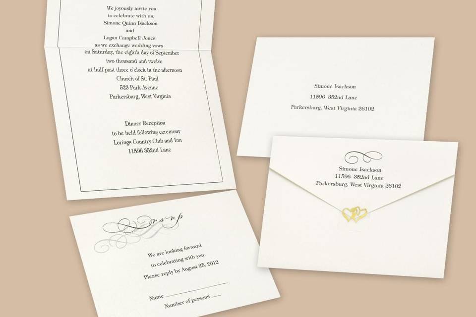 Subtle Accents Wedding Invitations - Slim ribbon and dainty flowers are embossed in pearlescent foil around your wording for a beautifully subtle and oh-so-romantic invitation!  Includes free blank double envelopes and enclosures sold separately. Folded size: 4 1/2