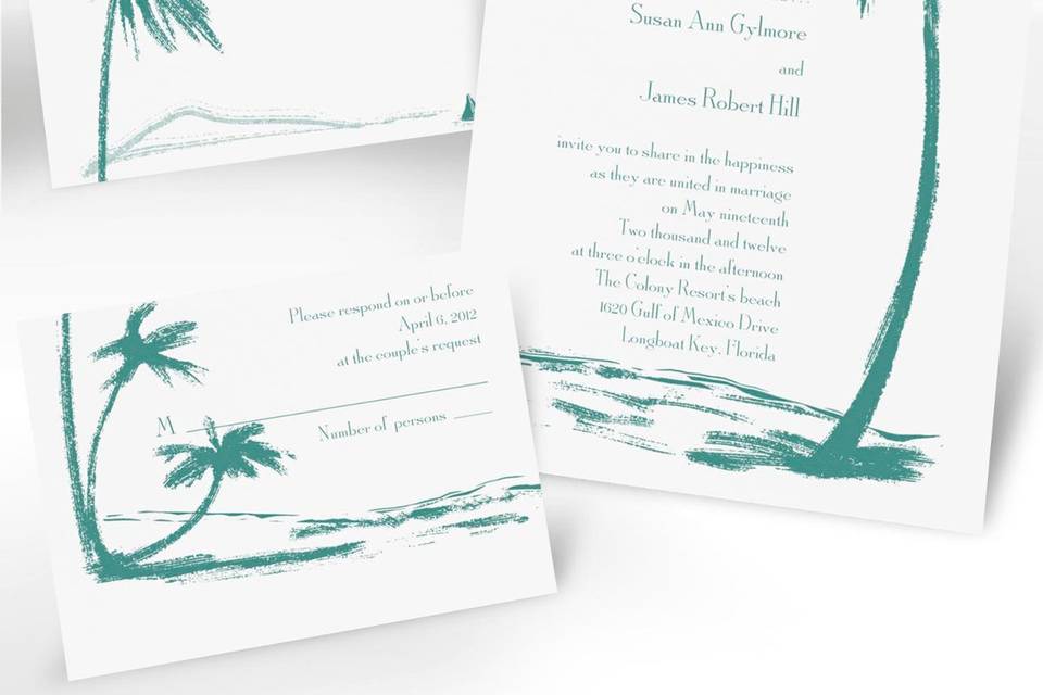 Ocean View Wedding Invitations with Free Respond Card - A fruity frozen drink with an umbrella on the side is about the only thing more tropical than this wedding invitation! The bright white, non-folding card features your wording surrounded in a tropical scene. Respond card and respond envelopes come FREE! Enclosures and thank you notes are printed on non-folding cards. Invitation size: 5 1/8 x 7 1/4