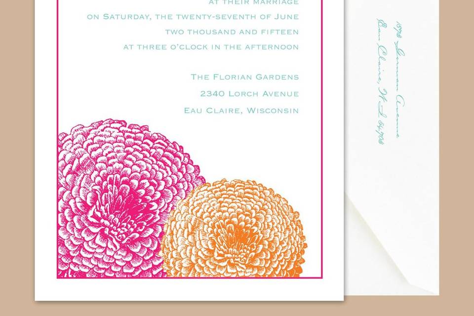 Pair of Flowers Photo Wedding Invitations in Lipstick - A pair of flowers complements the pair of you on this non-folding, photo wedding invitation. Choose an imprint color and typestyle for your wording. Response and reception enclosures are non-folding. Thank you notes and note cards are folding. Invitation Size: 7 1/4