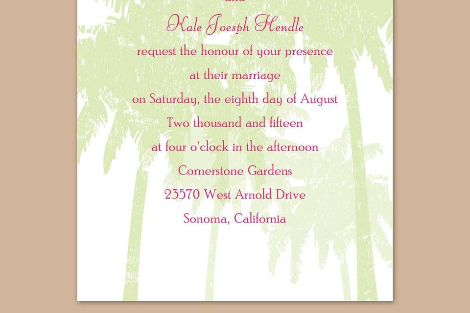 Ocean View Wedding Invitations with Free Respond Card - A fruity frozen drink with an umbrella on the side is about the only thing more tropical than this wedding invitation! The bright white, non-folding card features your wording surrounded in a tropical scene. Respond card and respond envelopes come FREE! Enclosures and thank you notes are printed on non-folding cards. Invitation size: 5 1/8 x 7 1/4