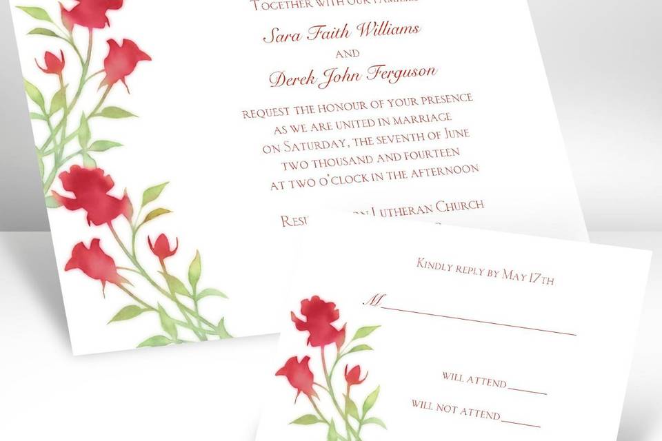 Floral Shadow Canary Wedding Invitations - Shadows of colorful flowers with faint silhouettes accompany your wording on this white, non-folding invitation. Choose an imprint color and typestyle for your wording. Format only available as shown. Enclosures and thank you notes are printed on non-folding cards.  Invitation size: 4 5/8