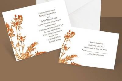 Floral Delight Tangerine Wedding Invitations - Guests will delight in the fresh floral design accompanying your wording on this invitation. Tangerine design with your choice of imprint color for your wording. Your choice of typestyle. Format only available as shown. Enclosures and thank you notes are printed on non-folding cards.  Invitation size: 4 5/8