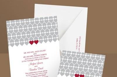 Hearts and Flourishes Lipstick Wedding Invitations - Hearts and flourishes symbolize your everlasting love on this white, non-folding invitation. Choose an imprint color and typestyle for your wording. Format only available as shown. Enclosures and thank you notes are printed on non-folding cards.Invitation size: 6 1/4