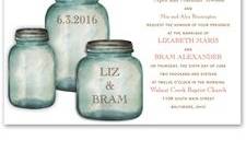 Canning Jars InvitationClassic country canning jars contain your names and wedding date on these rustic wedding invitations. Your wording is printed in your choice of imprint colors and typestyles. Invitation includes outer envelopes. Matching canning jar enclosures are available - we bet you can't contain your excitement! Enclosures are printed on non-folding cards.