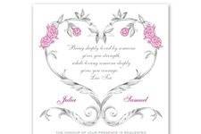 Fairy Tale Roses InvitationRose vines in the shape of a heart wrap around a deeply romantic quotation by Lao Tzu, creating a wedding invitation beautiful enough for a fairy tale love. Roses print in the same imprint color as your names. Verse/quote can be changed. Invitation includes outer envelopes. Enclosures are printed on non-folding cards.
