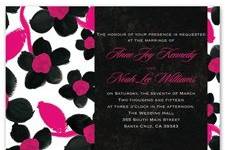 Watercolor Flower InvitationBright pink and black create a bold combination of colors for these watercolor flowers wedding invitations. Choose any imprint color and typestyle for your wording. Invitation includes outer envelopes. Matching enclosures include a response card and response postcard, so you can choose how much money you would like to save. Enclosures are printed on non-folding cards.