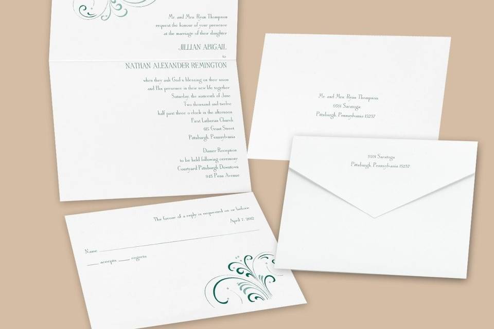 Silver Purity Separate and Send Wedding Invitations - White hearts dance across this silver separate 'n send invitation forming designs of pure elegance. Separate 'n send invitations come with two detachable enclosure cards (respond card and reception card) on one convenient sheet. They also come with invitation envelopes and respond card envelopes for a complete, coordinated stationery set.Special Note: Separate 'n send enclosures are perforated for detaching from invitation.  Invite: 5 1/8