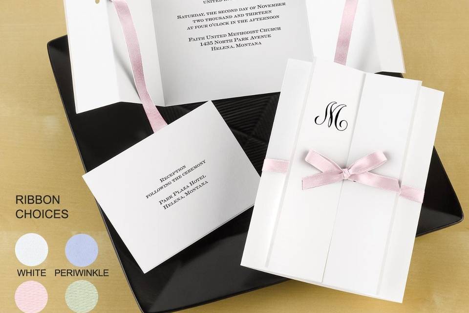 Pretty Palms Pear Wedding Invitations - Pretty palm trees in pear create a tropical backdrop for your wording on this white, non-folding wedding invitation. Your choice of imprint color and typestyle. Additional design colors available online.Invitation size: 5 1/8