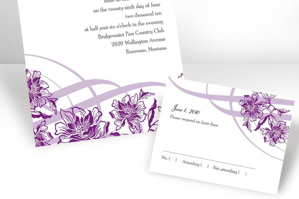 Banners and Swirls - InvitationA stately introduction to your elegant wedding style. A scroll-style banner highlights your names with an elaborate swirl background. Background will print in the same imprint color as your names. Invitation includes outer envelopes. The matching response card is an especially lovely piece to this ensemble. Enclosures are printed on non-folding cards.