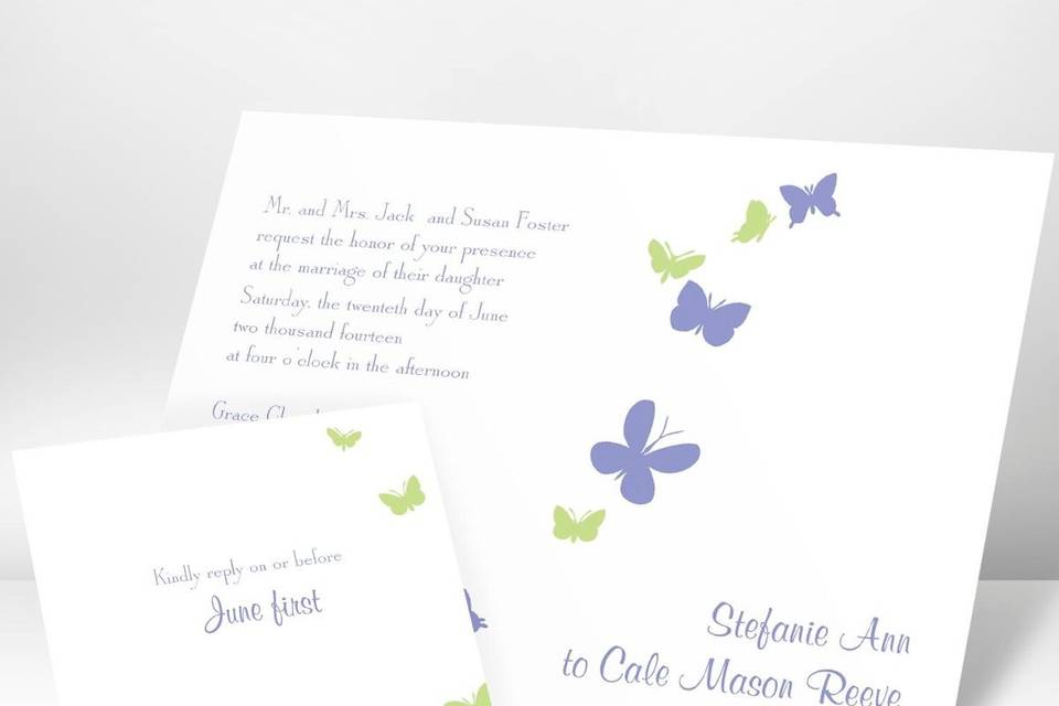 Butterflies Separate and Send Wedding Invitations - Butterflies flutter beside your wording creating a pretty, carefree design on this white separate 'n send invitation. Choose an ink color for your wording. Design will be printed in the same ink color. Separate 'n send invitations come with two detachable enclosure cards (respond card and reception card) on one convenient sheet. They also come with invitation envelopes and respond card envelopes for a complete, coordinated stationery set.  Special Note: Separate 'n send enclosures are perforated for detaching from invitation.   Invite: 5 1/8