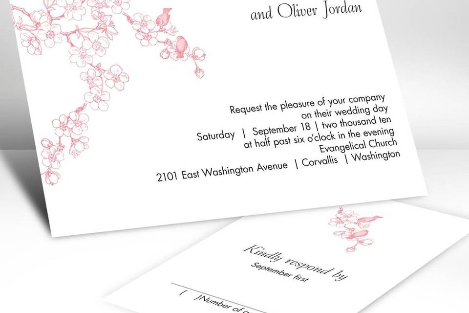 Whisked Away Wedding Invitations - Three maple leaves drift across the top of this bright white non-folding invitation with beauty. Your wording is showcased below. Design and wording are printed in the same ink color.  Card Size: 5 1/8